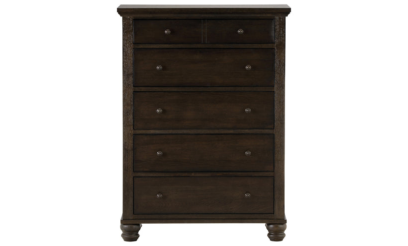 Dark wooden dresser with multiple drawers on a white background